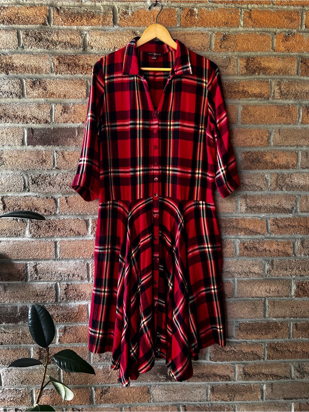 April Cornell Red Plaid Rayon Drop Waist Midi Shirt Dress